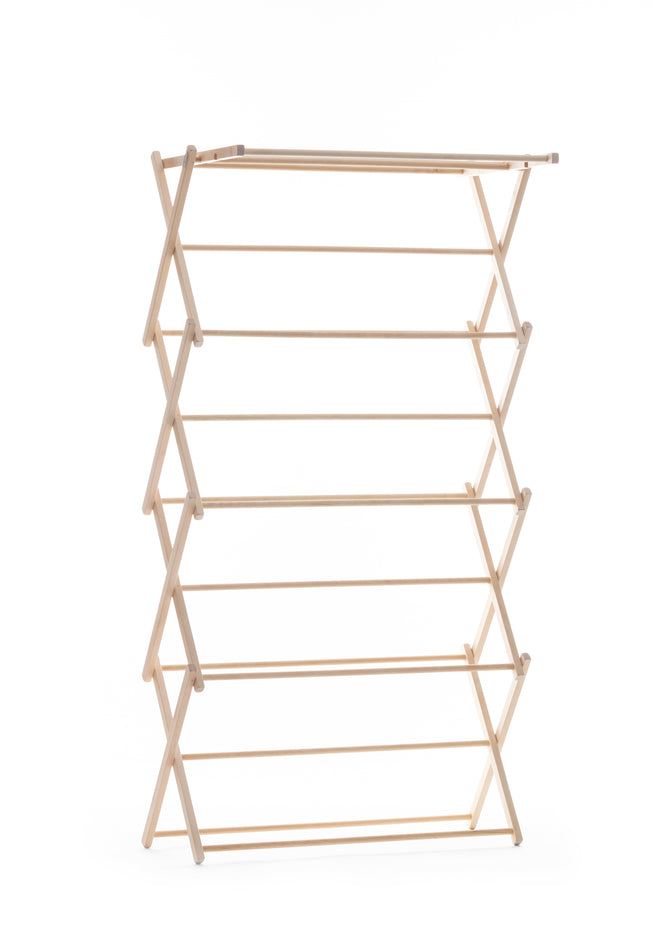 Birch wood folding rack with multiple dowels on a white background