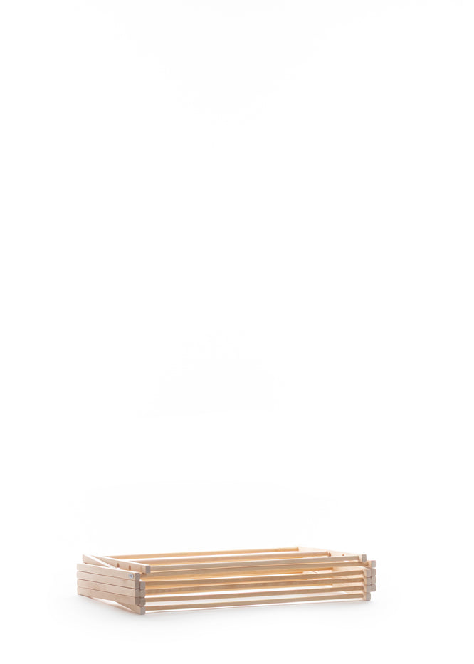 Wooden folded drying rack with slatted design on a white background